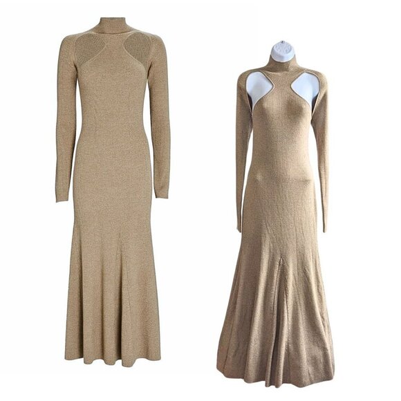 NANUSHKA Anaira Beige 97% Melange Wool Cut Out Fishtail Knit Sweater Dress Sz L - Picture 4 of 9